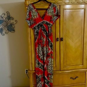 Red v neck maxi dress.